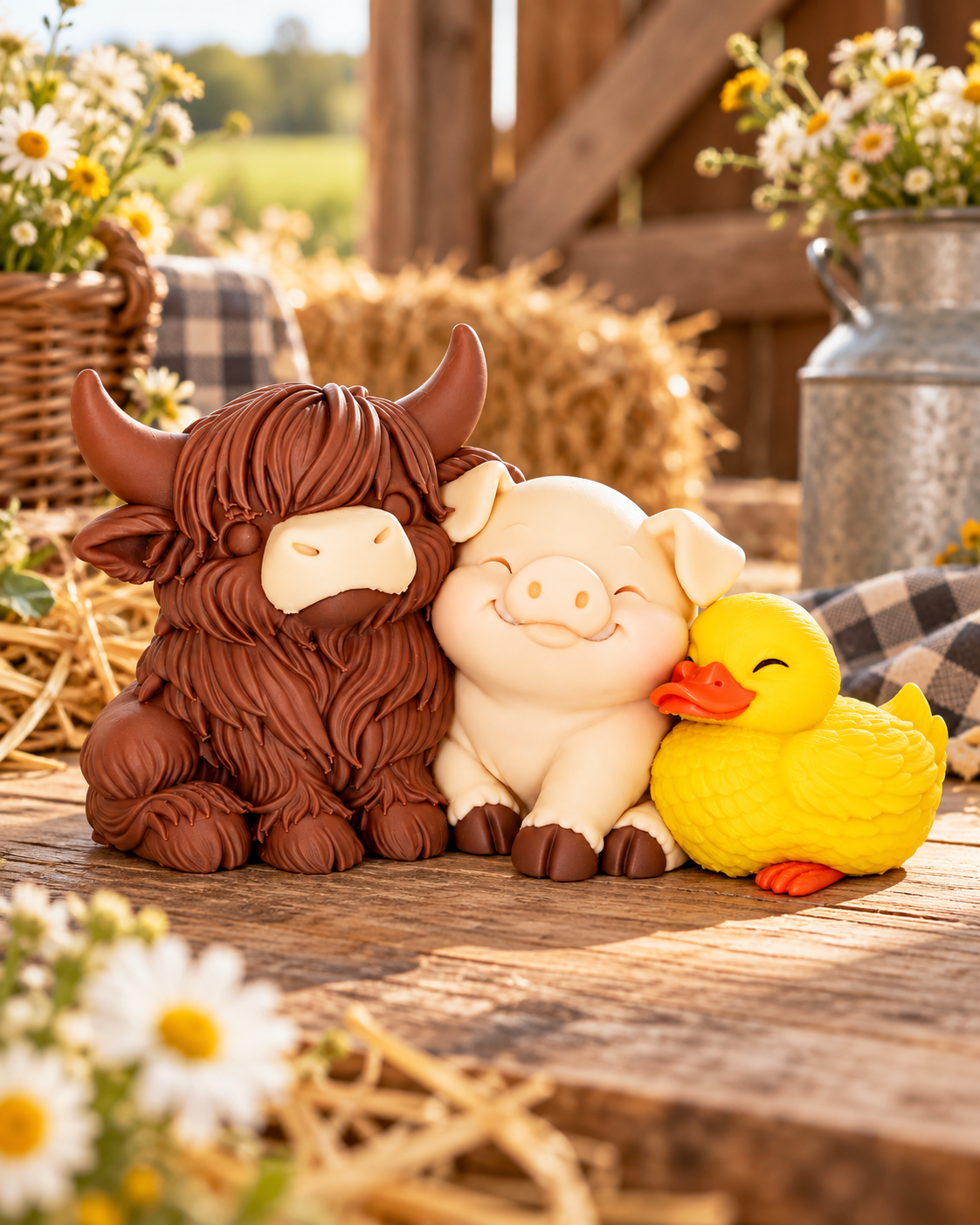 Pasture Pals – Highland Cow, Piglet & Duckling Figurine Set