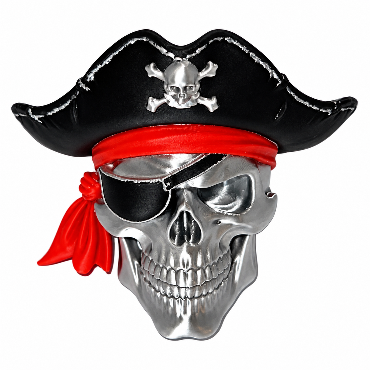 Crimson Corsair – Metallic Pirate Skull Tabletop Décor
