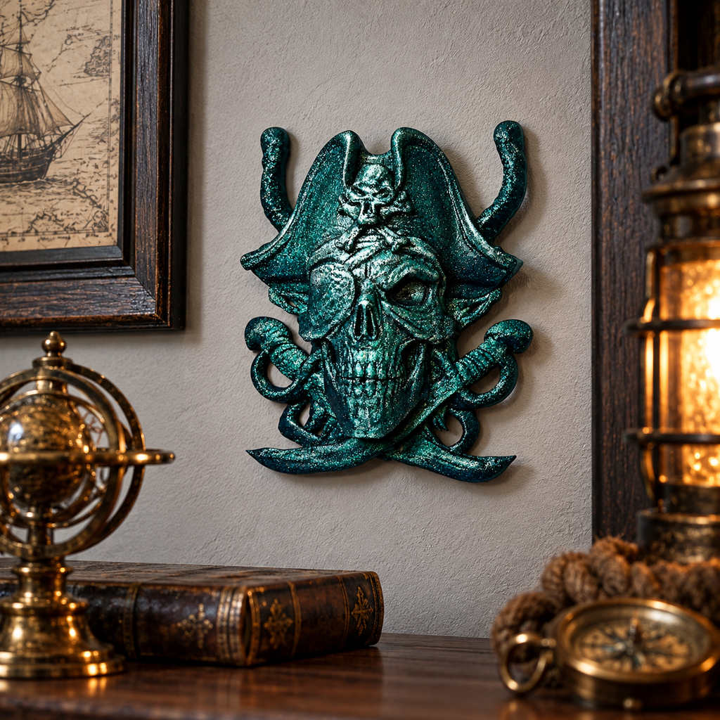 Cursed Captain – Emerald Abyss Pirate Skull Wall Hanging